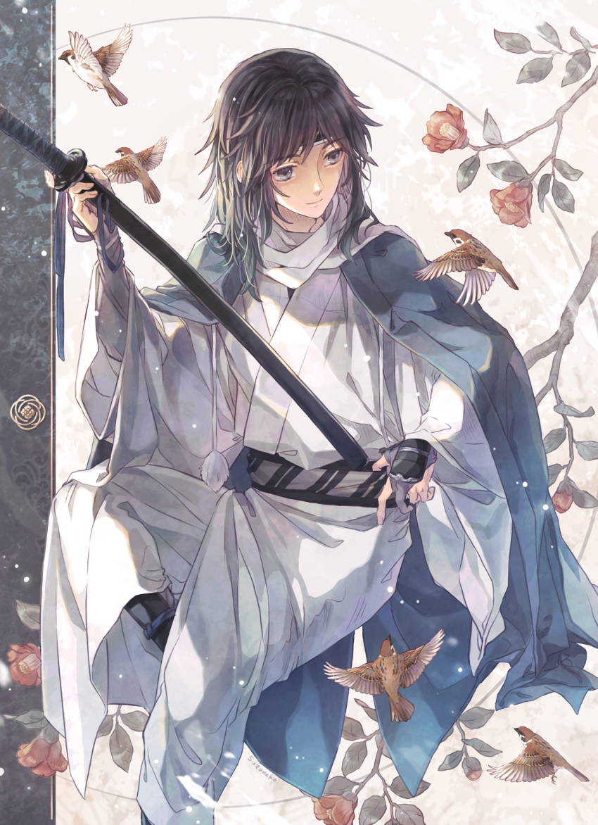 1boy bed_sheet bird black_hair blue_eyes branch bridal_gauntlets camellia flower haori headband highres japanese_clothes katana kimono kiwame_(touken_ranbu) leaf male_focus scarf shinsengumi smile sparrow suzuneko-rin sword touken_ranbu weapon white_scarf yamato-no-kami_yasusada