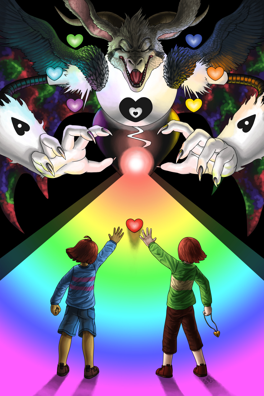 1boy 2others absurdres ahoge asriel_dreemurr beam black_background brown_hair chara_(undertale) clenched_hand closed_eyes denim frisk_(undertale) goat_horns heart highres holding huge_filesize jaguarkia jewelry locket multiple_others nail open_mouth pendant rainbow reaching shirt shoes simple_background spoilers teeth undertale wings