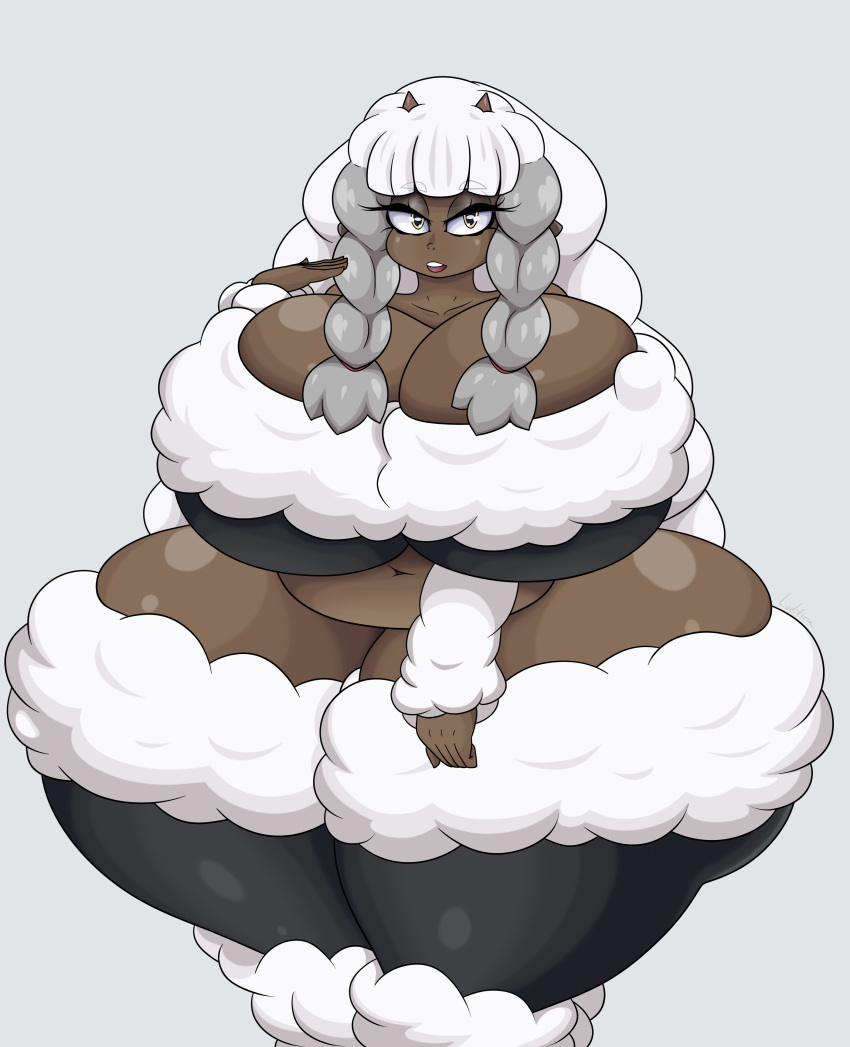 absurd_res big_breasts breasts cleavage clothed clothing female hi_res horn horned_humanoid huge_breasts humanoid humanoid_pointy_ears hyper luditima nintendo pok&eacute;mon pok&eacute;mon_(species) pok&eacute;mon_humanoid pok&eacute;morph simple_background slightly_chubby solo thick_thighs video_games wooloo