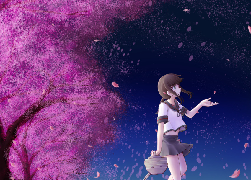 1girl bangs black_sailor_collar brown_hair cherry_blossoms from_side fubuki_(kantai_collection) holding kantai_collection low_ponytail meihemu night outdoors petals ponytail profile remodel_(kantai_collection) sailor_collar school_uniform serafuku short_sleeves sidelocks skirt smile solo tree