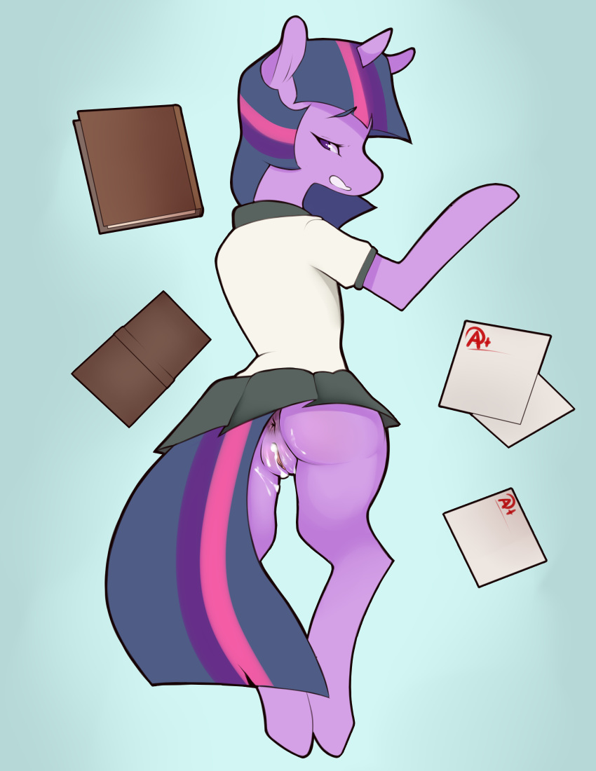 after_sex antelon anus bodily_fluids butt clothing cum cum_in_pussy cum_inside equid female feral friendship_is_magic genital_fluids genitals hi_res horn mammal my_little_pony no_underwear paper pussy school_uniform simple_background solo twilight_sparkle_(mlp) unicorn uniform