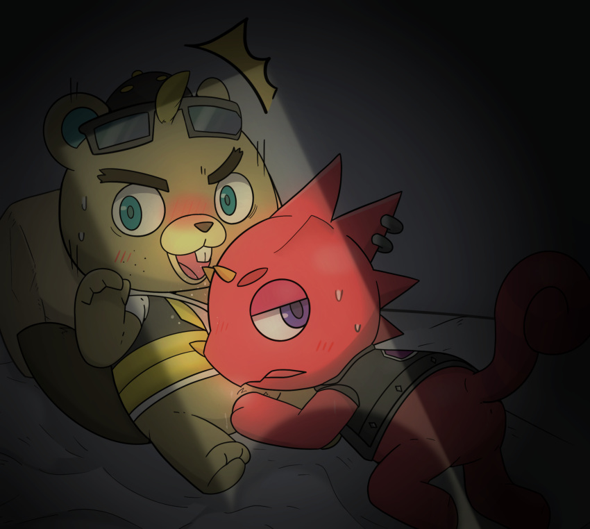 animal_crossing anthro bed blonde_hair blue_eyes blush bodily_fluids bottomless buckteeth c.j._(animal_crossing) caught clothed clothing drooling duo eyewear flick_(animal_crossing) furniture glasses hair hat headgear headwear hi_res horn looking_at_viewer male male/male nintendo piercing purple_eyes red_body red_scales ruua saliva scales sunglasses surprise sweat teeth topwear video_games