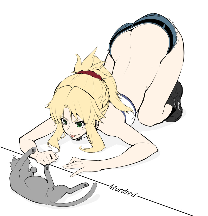 :p absurdres blonde_hair breasts cat character_name fate_(series) green_eyes hands_on_floor highres looking_at_another mordred_(fate)_(all) mordred_(swimsuit_rider)_(fate) scrunchie simple_background small_breasts takatun223 tongue tongue_out torn_clothes white_background