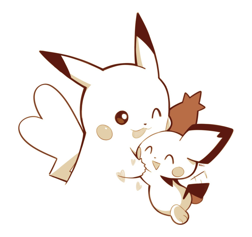 :3 :d ^_^ artsy-rc closed_eyes gen_1_pokemon gen_2_pokemon greyscale heart highres monochrome no_humans open_mouth pichu pikachu pokemon signature simple_background smile tail_wagging triangle_mouth white_background