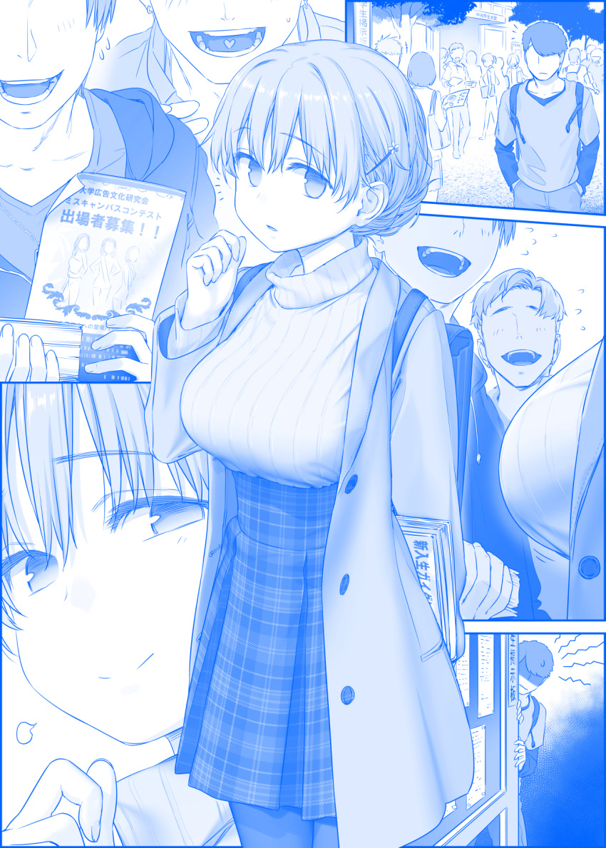 2girls alternate_hairstyle backpack bag blue_theme blush breasts bulletin_board commentary_request emphasis_lines faceless faceless_male flyer flying_sweatdrops getsuyoubi_no_tawawa gimai-chan_(tawawa) hair_ornament hairclip hands_in_pockets heart heart_in_mouth highres himura_kiseki jacket large_breasts multiple_girls no_pupils open_mouth peeking_out plaid plaid_skirt shaded_face short_hair skirt smile sweatdrop textbook translation_request