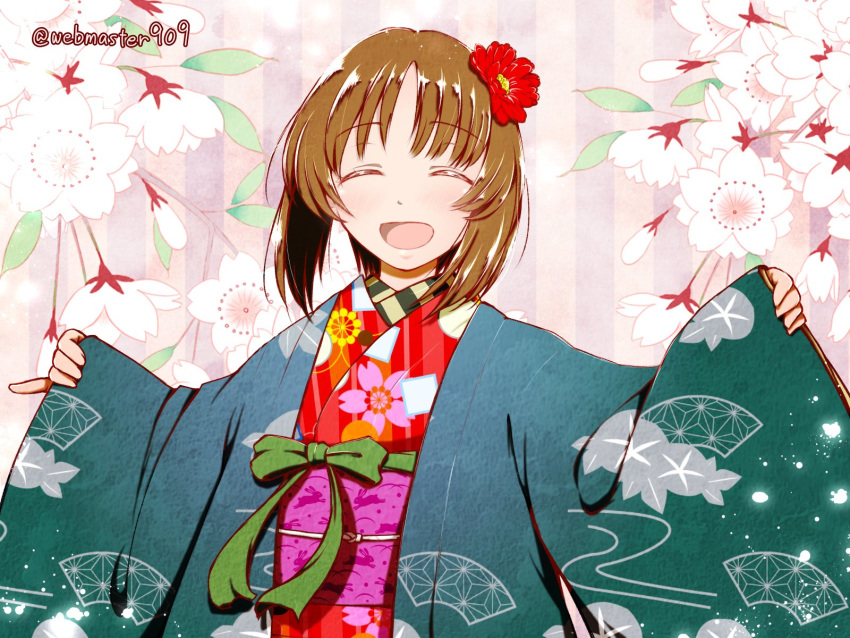 1girl bangs blue_jacket brown_hair closed_eyes commentary eyebrows_visible_through_hair facing_viewer floral_background floral_print flower girls_und_panzer hair_flower hair_ornament haori highres jacket japanese_clothes katsuragi_(webmaster909) kimono long_sleeves nishizumi_miho obi open_mouth outstretched_arms print_kimono red_flower red_kimono sash short_hair smile solo spread_arms standing striped striped_background twitter_username vertical_stripes wide_sleeves