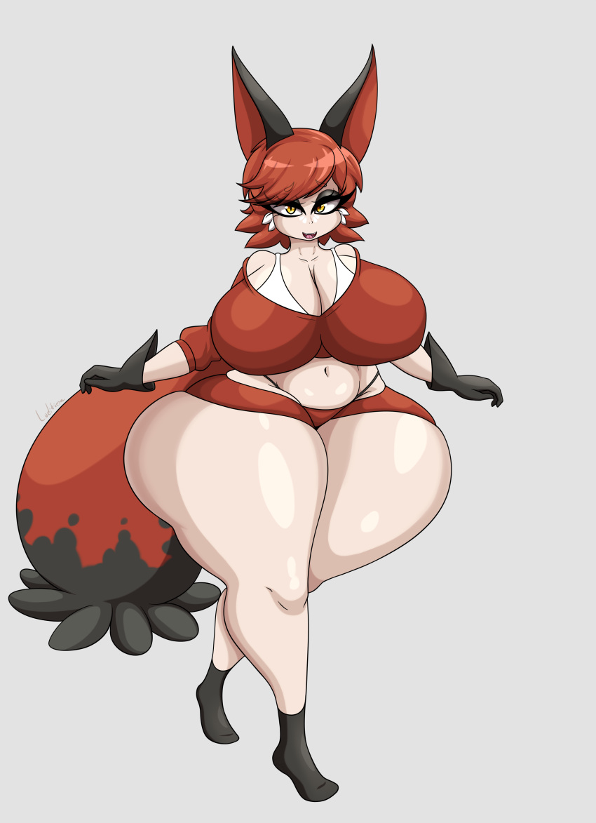 absurd_res big_breasts border breasts cleavage clothed clothing female grey_border hi_res huge_breasts humanoid luditima nickit nintendo pok&eacute;mon pok&eacute;mon_(species) pok&eacute;mon_humanoid pok&eacute;morph simple_background solo thick_thighs video_games wide_hips