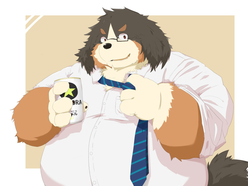 2020 anthro belly black_nose brown_body brown_fur canid canine canis clothing domestic_dog eyewear fur glasses hi_res humanoid_hands kemono male mammal necktie noctnoc overweight overweight_male portrait shirt simple_background solo topwear