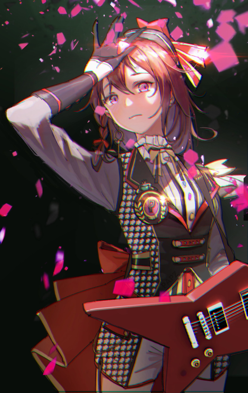 1girl absurdres bang_dream! bangs black_background bow bowtie braid chromatic_aberration confetti cowboy_shot earrings electric_guitar frilled_shirt_collar frills frown gloves guitar hair_bow half_gloves hand_on_own_forehead hat hat_bow highres houndstooth instrument jewelry key_earrings long_hair long_sleeves looking_at_viewer purple_eyes shorts side_braid solo striped striped_neckwear tengyuan_pa_pa_zi toyama_kasumi vest yellow_neckwear