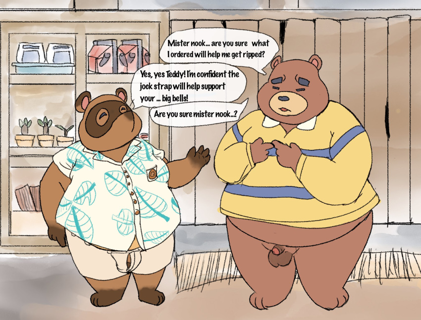 2020 animal_crossing anthro balls belly bottomwear brown_body brown_fur canid canine clothing detailed_background duo english_text eyes_closed fur genitals hi_res humanoid_genitalia humanoid_hands humanoid_penis male male/male mammal nintendo overweight overweight_male penis pocket-panduh raccoon_dog shirt shorts tanuki teddy_(animal_crossing) text thechubbyrodent tom_nook_(animal_crossing) topwear ursid video_games