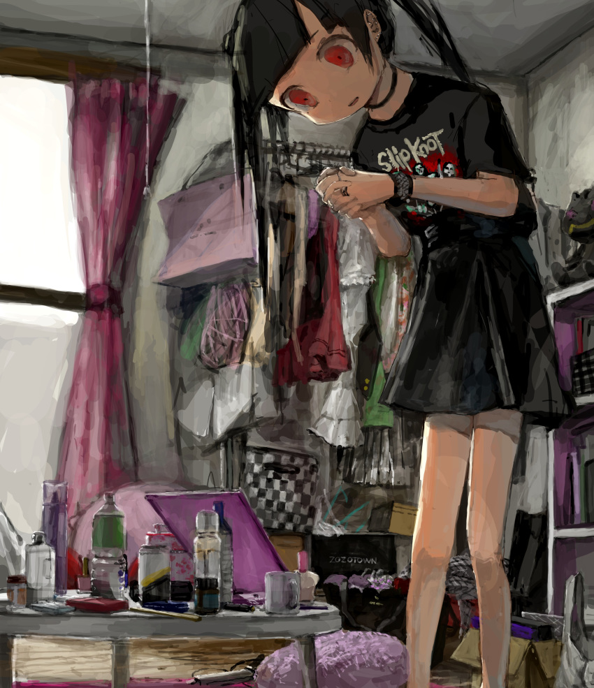 1girl absurdres bag bare_legs black_hair black_shirt black_skirt bracelet choker clothes clothes_writing coffee_table curtains ear_piercing earrings handbag hands_together highres jewelry kawasumi_hijo makeup merchandise original piercing red_eyes shirt shopping_bag short_sleeves skirt slipknot solo twintails window