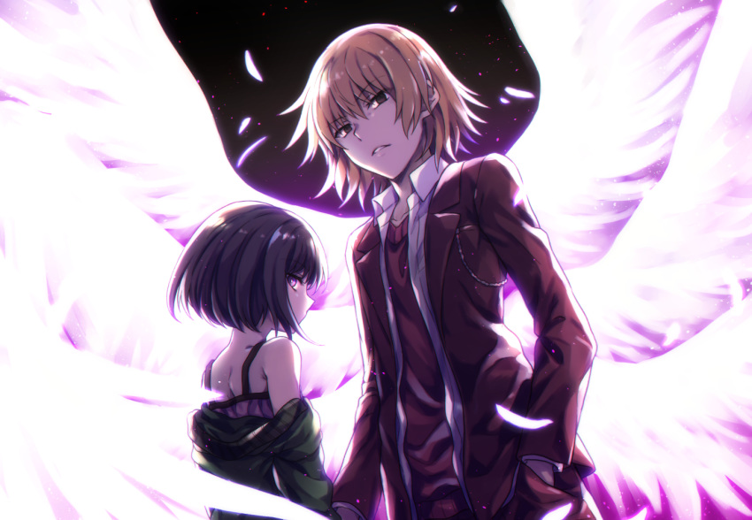 1boy 1girl angel_wings bangs bare_shoulders black_hair bob_cut brown_hair brown_suit coat dress dress_shirt expressionless feathers formal from_behind glowing green_coat height_difference jacket kakine_teitoku looking_at_viewer medium_hair night night_sky off_shoulder open_clothes open_shirt parted_lips pink_dress purple_eyes red_sweater shirt short_hair sky sleeveless sleeveless_dress suit sweater tachitsu_teto to_aru_kagaku_no_dark_matter to_aru_majutsu_no_index upper_body white_feathers white_shirt white_wings wings yuzuriha_ringo