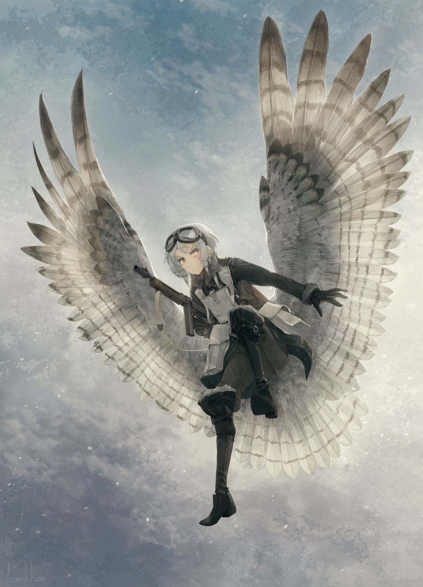 1girl asterisk_kome belt bird_wings black_footwear black_gloves blue_sky boots closed_mouth cloud cloudy_sky day flying frances_royce gloves gradient_sky grey_jacket grey_pants grey_sky grey_wings gun highres holding holding_gun holding_weapon jacket knee_boots leg_up long_sleeves low_wings machine_gun military military_uniform pants scar scar_across_eye short_hair silver_hair sky solo uniform utility_belt weapon weapon_request winged_fusiliers wings yellow_eyes