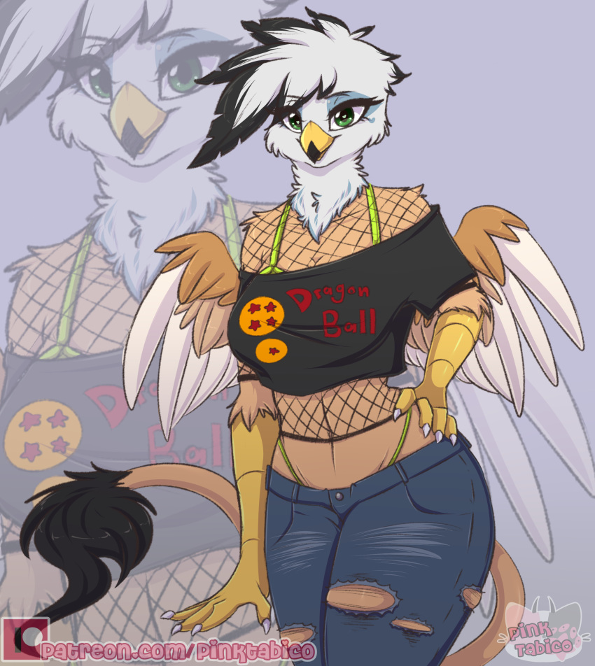 absurd_res anthro avian bottomwear bra_straps clothing dragonballs female fishnet fishnet_topwear ginger_feathershy green_eyes gryphon hi_res jeans mythological_avian mythology pants pinktabico thong_straps torn_bottomwear torn_clothing torn_jeans torn_pants wings