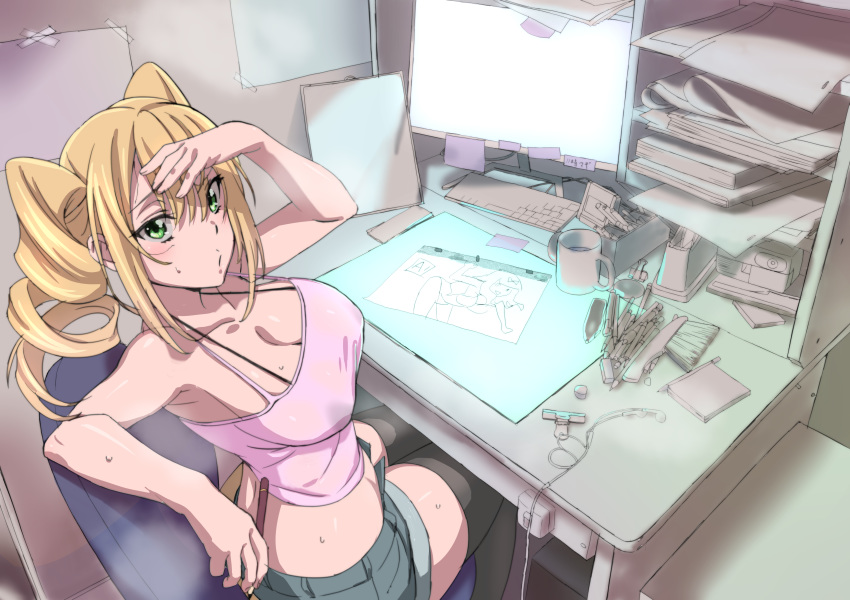 absurdres animation_paper_(object) animator bangs bare_shoulders black_legwear blonde_hair breasts brush camisole chair coffee_mug commentary_request computer crop_top cup desk drawing drawing_equipment drill_hair earbuds earphones from_above green_shorts hair_between_eyes hand_on_own_head highres holding holding_pencil keyboard large_breasts light_blush light_box looking_at_viewer looking_up midriff monitor mug office_chair open_fly original paper_stack paperclip peg_bar pencil pencil_skirt pink_shirt pursed_lips qumata raised_eyebrows shirt short_shorts shorts sitting skirt spaghetti_strap sticky_note tape tape_dispenser thighhighs twin_drills unbuttoned