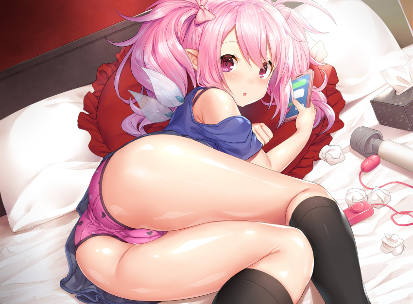 ass bed blush cameltoe fairy kneehighs long_hair original panties phone pink_eyes pink_hair pointed_ears torimaru twintails underwear vibrator wings