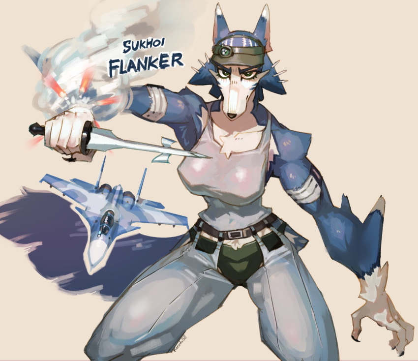 2020 5_fingers aircraft anthro black_nose blue_body blue_eyes blue_fur breasts canid canine canis clothing domestic_dog female fingers fur hat headgear headwear hi_res hideki_kaneda holding_object holding_weapon looking_at_viewer mammal portrait sukhoi sukhoi_(hideki_kaneda) sukhoi_su-30 three-quarter_portrait weapon white_body white_fur