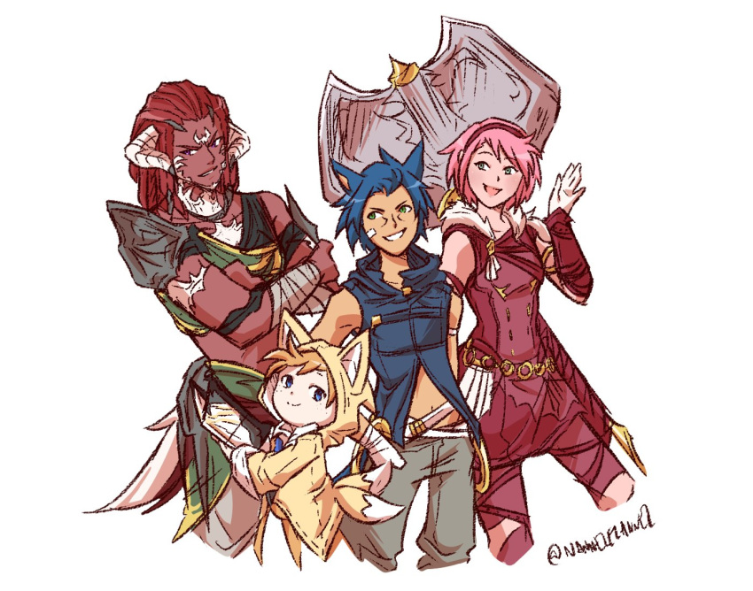 1girl 3boys amy_rose animal_ears au_ra axe blonde_hair blue_hair cat_ears crossed_arms dark_skin final_fantasy final_fantasy_xiv fox_hood hood horns humanization hyur knuckles_the_echidna lalafell looking_at_viewer miqo'te multiple_boys nannelflannel personification pink_hair red_hair shoulder_armor smile sonic sonic_the_hedgehog