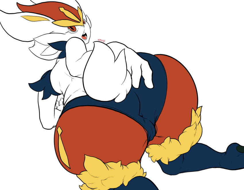 all_fours anthro anus_outline big_butt butt cinderace colored female hi_res holding_butt huge_butt looking_back nintendo noblood pok&eacute;mon pok&eacute;mon_(species) simple_background solo video_games white_background