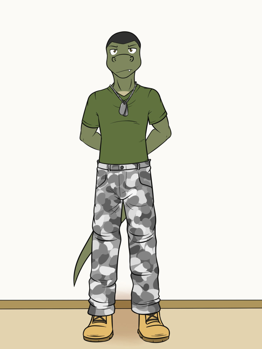 3:4 alligator alligatorid anthro army boots camo camo_clothing camo_pants camo_print clothed clothing crocodilian dog_tags footwear full-length_portrait fully_clothed fuze hands_behind_back hi_res male pattern_clothing portrait reptile scalie shaved_head shirt solo standing t-shirt topwear