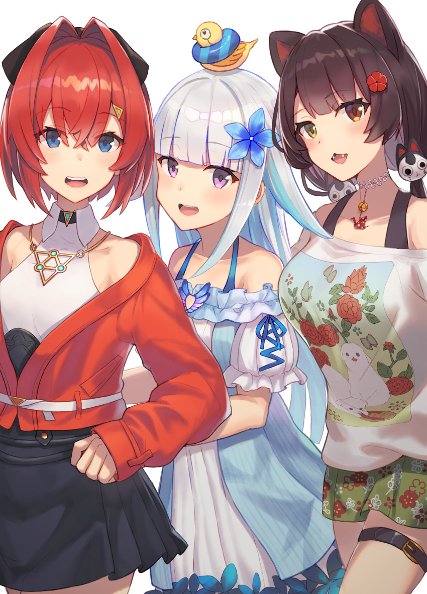 3girls :d absurdres ange_katrina animal animal_ears animal_on_head bangs bare_shoulders bird black_bow black_hair black_skirt blue_dress blue_eyes blue_hair bow breasts brown_hair commentary_request dog_ears dog_hair_ornament dress duck eyebrows_visible_through_hair fangs floral_print flower gatling033 green_skirt hair_between_eyes hair_bow hair_flower hair_intakes hair_ornament heterochromia highres innertube inui_toko jacket leg_belt lize_helesta long_hair long_sleeves looking_at_viewer low_twintails medium_breasts monocle multicolored_hair multiple_girls nijisanji off-shoulder_dress off-shoulder_shirt off_shoulder on_head open_clothes open_jacket open_mouth pleated_skirt print_shirt print_skirt puffy_short_sleeves puffy_sleeves purple_eyes red_flower red_hair red_jacket sebastian_piyodore shirt short_hair short_sleeves silver_hair simple_background skirt sleeveless sleeveless_shirt sleeves_past_wrists smile twintails two-tone_hair upper_teeth very_long_hair virtual_youtuber white_background white_shirt