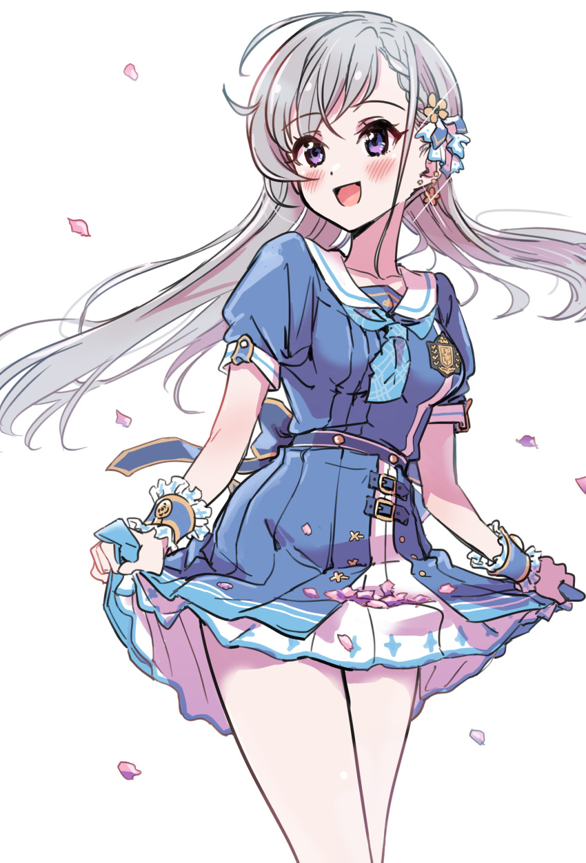1girl :d absurdres bangs blue_bow blue_dress blue_neckwear blush bow braid breasts brown_flower dress eyebrows_visible_through_hair floating_hair flower grey_hair hair_flower hair_ornament highres hisakawa_hayate idolmaster idolmaster_cinderella_girls long_hair looking_away looking_to_the_side necktie open_mouth petals pizzasi puffy_short_sleeves puffy_sleeves purple_eyes sailor_collar sailor_dress short_necktie short_sleeves simple_background skirt skirt_basket skirt_hold small_breasts smile solo very_long_hair white_background white_sailor_collar white_skirt wrist_cuffs