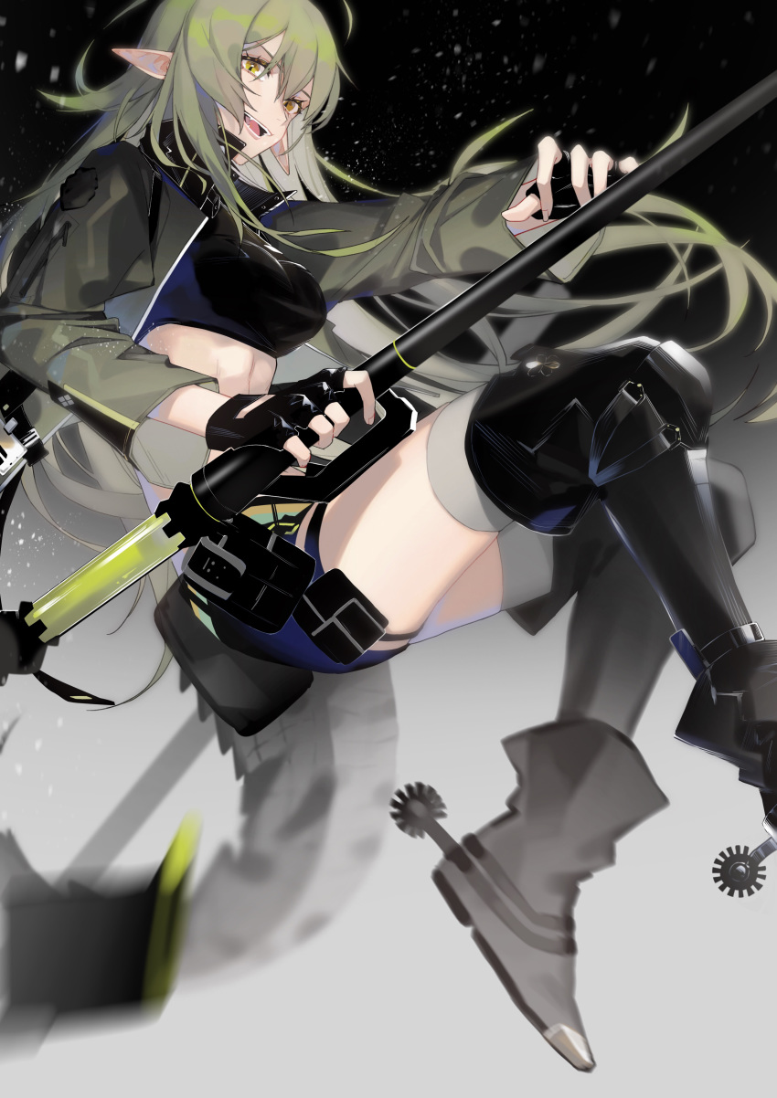 1girl absurdres aniao_ya arknights bangs black_background black_gloves black_legwear boots breasts crocodile_tail fingerless_gloves from_side gavial_(arknights) gloves green_hair grey_background grey_footwear grey_jacket hair_between_eyes highres holding holding_scythe jacket knee_pads long_hair long_sleeves looking_at_viewer open_mouth pointy_ears scythe short_shorts shorts simple_background smile smoke solo stomach tail teeth thighhighs yellow_eyes
