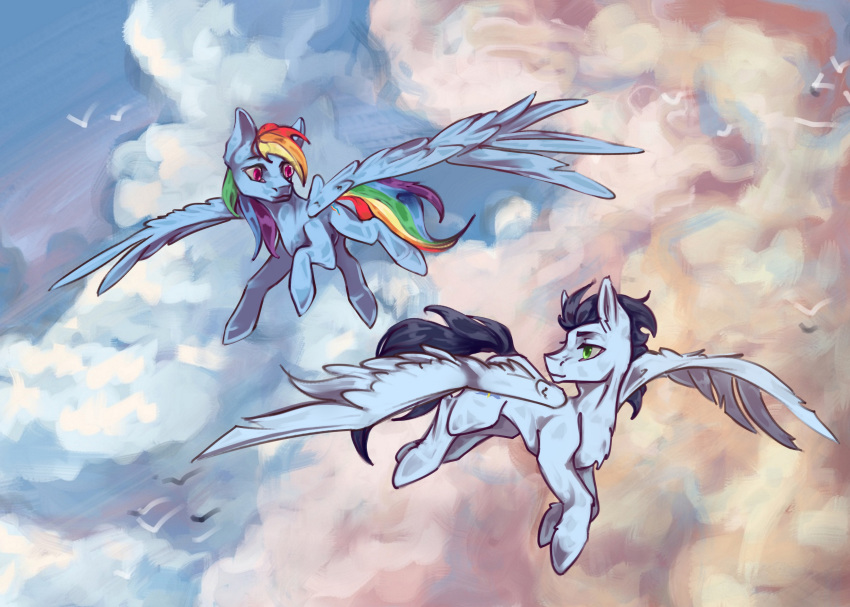 absurd_res avian bird cloudscape duo equid equine female feral flying friendship_is_magic hi_res horse male male/female mammal my_little_pony pony pterippus rainbow_dash_(mlp) sky soarin_(mlp) tired_dog wings wonderbolts_(mlp)