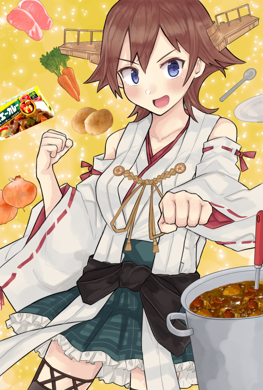1girl :d absurdres bare_shoulders beef blush boots brown_hair carrot clenched_hands curry detached_sleeves dokuganryuu flipped_hair food green_skirt hiei_(kantai_collection) highres kantai_collection looking_at_viewer nontraditional_miko onion open_mouth plaid plaid_skirt pot potato remodel_(kantai_collection) rice short_hair skirt smile solo spoon thigh_boots thighhighs