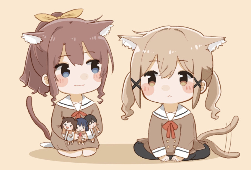 2girls :&lt; animal_ears bang bang_dream! black_legwear blonde_hair blue_eyes blush_stickers brown_dress brown_eyes brown_hair cat_ears cat_tail character_doll chibi crossed_legs doll double-breasted dress finger_gun hair_ornament hair_ribbon hamu_(hamusand) hanasakigawa_school_uniform hanazono_tae holding holding_doll ichigaya_arisa looking_at_another multiple_girls neck_ribbon pantyhose ponytail poppin'party red_neckwear ribbon sailor_dress school_uniform seiza sidelocks sitting smile socks tail tail_wagging tan_background toyama_kasumi ushigome_rimi white_legwear x_hair_ornament yamabuki_saaya yellow_ribbon