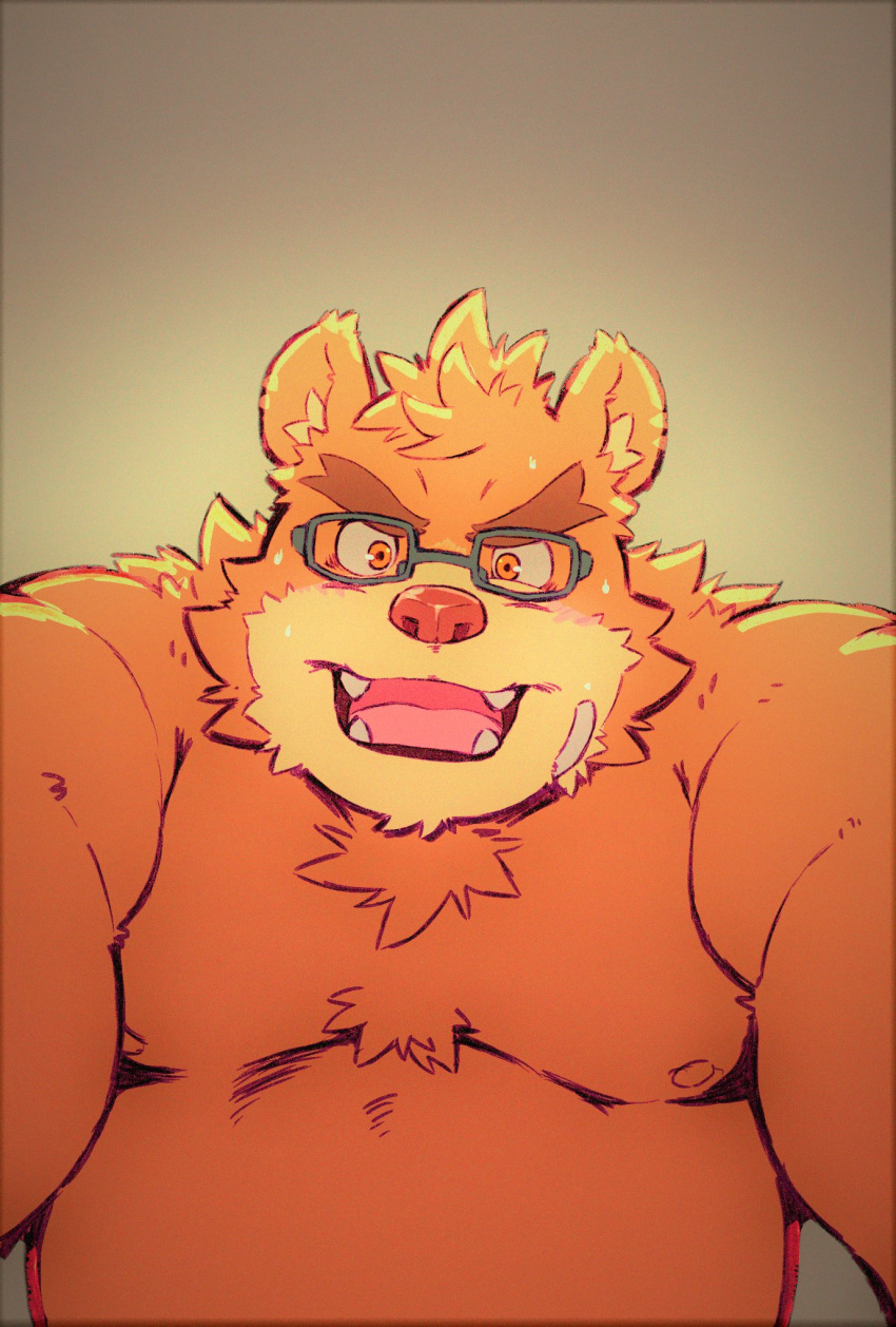 2020 anthro belly blush brown_body brown_fur cute_fangs eyewear fur glasses heylaw21 hi_res kemono male mammal moobs nipples overweight overweight_male simple_background solo tokyo_afterschool_summoners ursid video_games volos