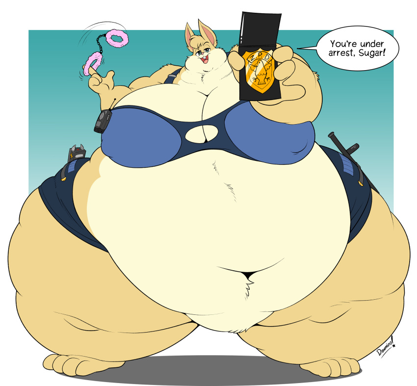 badge big_breasts breasts codymcdowd dawmino dialogue electroshock_weapon female handcuffs hi_res huge_breasts lagomorph leporid mammal morbidly_obese nightstick obese overweight overweight_female police_officer rabbit shackles solo taser weapon