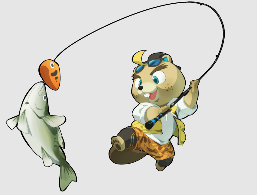 animal_crossing anthro beaver blonde_hair bottomwear buckteeth c.j._(animal_crossing) clothing eyewear fish fishing fishing_rod hair hat headgear headwear hoodie leggings legwear male mammal marine nintendo rodent rollingstonex6 shorts solo sunglasses teeth topwear vest video_games