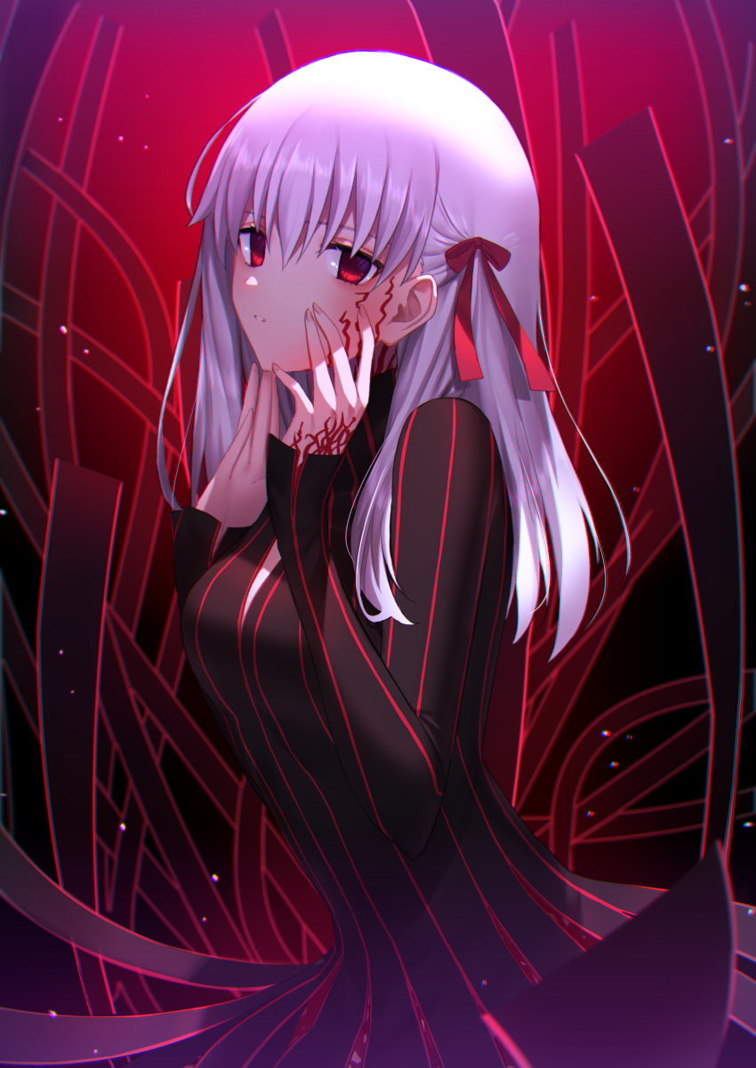 1girl absurdres bangs black_dress breasts commentary_request dark_persona dark_sakura dress fate/stay_night fate_(series) hair_between_eyes hair_ribbon highres large_breasts long_hair looking_at_viewer matou_sakura okakasushi red_dress red_eyes ribbon sleeves_past_wrists solo striped striped_dress white_hair