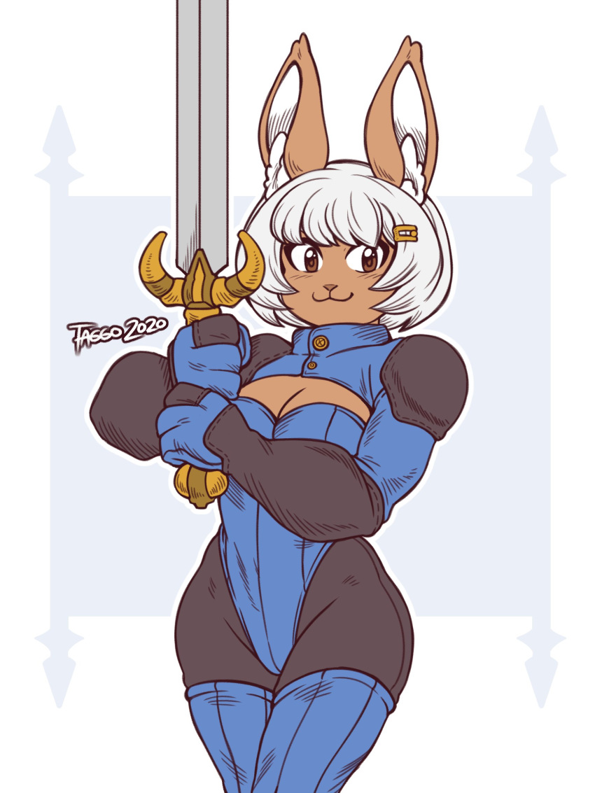 1girl 2020 :3 animal_ears artist_name bob_cut breasts bunny_ears bunny_girl cleavage closed_mouth final_fantasy final_fantasy_tactics furry hair_ornament hairclip highres holding holding_sword holding_weapon large_breasts looking_at_viewer original short_hair solo sword taggo weapon white_hair