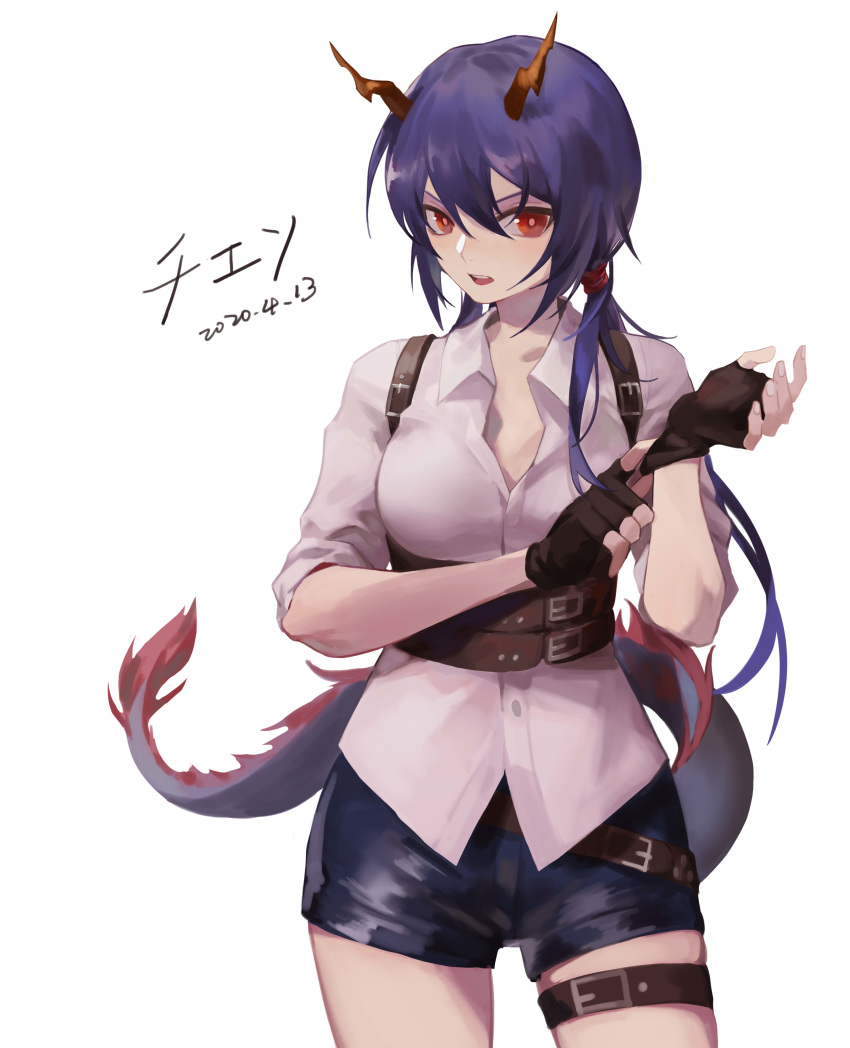 1girl absurdres arknights bangs black_shorts blue_hair ch'en_(arknights) collared_shirt dragon_horns dragon_tail dress_shirt fingerless_gloves gloves hair_between_eyes highres horns looking_at_viewer low_twintails multiple_straps narakuuu putting_on_gloves red_eyes shirt short_shorts short_sleeves shorts tail thigh_strap twintails white_shirt