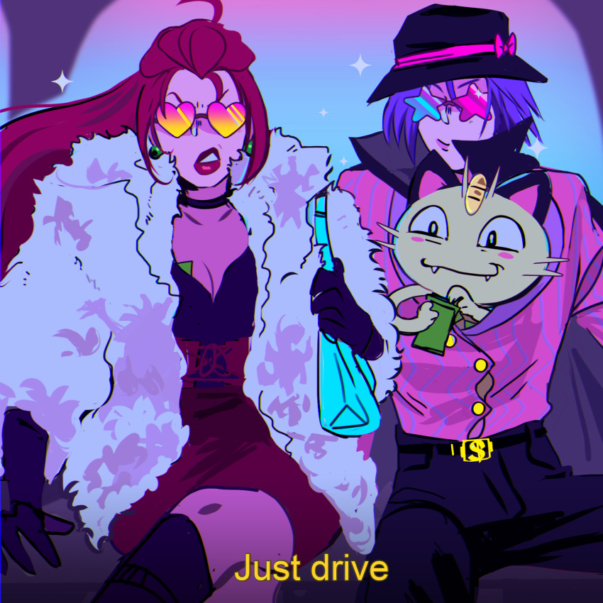 1boy 1girl 1other ahoge alternate_hairstyle black_footwear black_gloves blue_hair boots breasts car_interior choker cleavage commentary crossed_legs elbow_gloves english_commentary english_text fabulous fur_coat glasses gloves hat heart heart-shaped_eyewear highres kojirou_(pokemon) lipstick makeup meowth money musashi_(pokemon) opaque_glasses pink_shirt pokemon pokemon_(anime) pokemon_(creature) popped_collar red_hair shirt sinful_hime sitting star-shaped_eyewear subtitled sunglasses team_rocket thigh_boots thighhighs