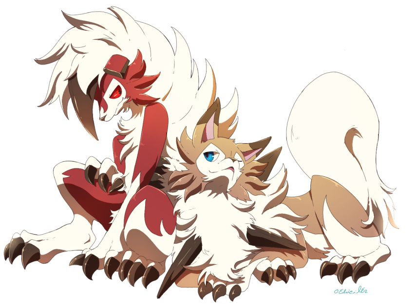 ambiguous_gender anthro blue_eyes brown_body brown_fur canid canine claws elie_(artist) feral fur hair lycanroc mammal midday_lycanroc midnight_lycanroc nintendo pok&eacute;mon pok&eacute;mon_(species) red_body red_eyes red_fur red_sclera simple_background sitting tuft video_games white_background white_body white_fur white_hair