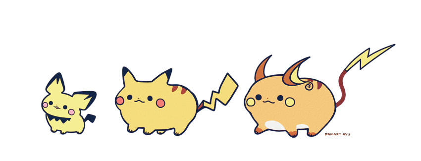 :3 ayu_(mog) chibi closed_mouth from_side gen_1_pokemon gen_2_pokemon looking_at_viewer no_humans original parted_lips pichu pikachu pokemon_(creature) raichu signature simple_background white_background