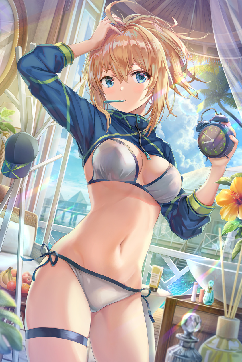 1girl ahoge alarm_clock apple arm_up artoria_pendragon_(all) banana baseball_cap bikini blonde_hair blue_eyes blurry bottle breasts chair cleavage clock cloud commentary_request cowboy_shot day depth_of_field dutch_angle fate/grand_order fate_(series) food fruit hat hat_removed headwear_removed highres holding large_breasts long_hair long_sleeves looking_at_viewer mouth_hold mysterious_heroine_xx_(foreigner) navel no_pants palm_tree perfume_bottle plant ponytail shrug_(clothing) side-tie_bikini skindentation sky solo stomach sunlight swimsuit thigh_strap thighs torino_akua tree white_bikini