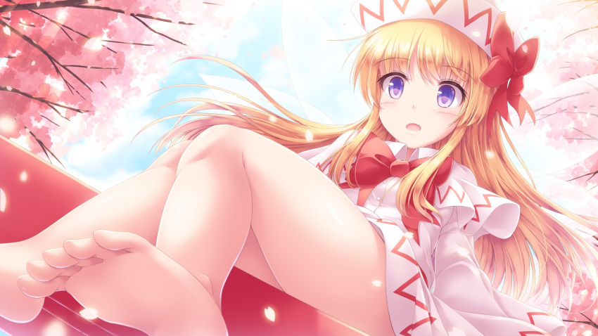 1girl backlighting bare_legs blonde_hair blush bow bowtie cherry_blossoms cloud cloudy_sky commentary_request dress dutch_angle eyebrows_visible_through_hair floating_hair hat highres lily_white long_hair lzh open_mouth petals purple_eyes red_bow sidelocks sitting sky solo touhou tree white_dress