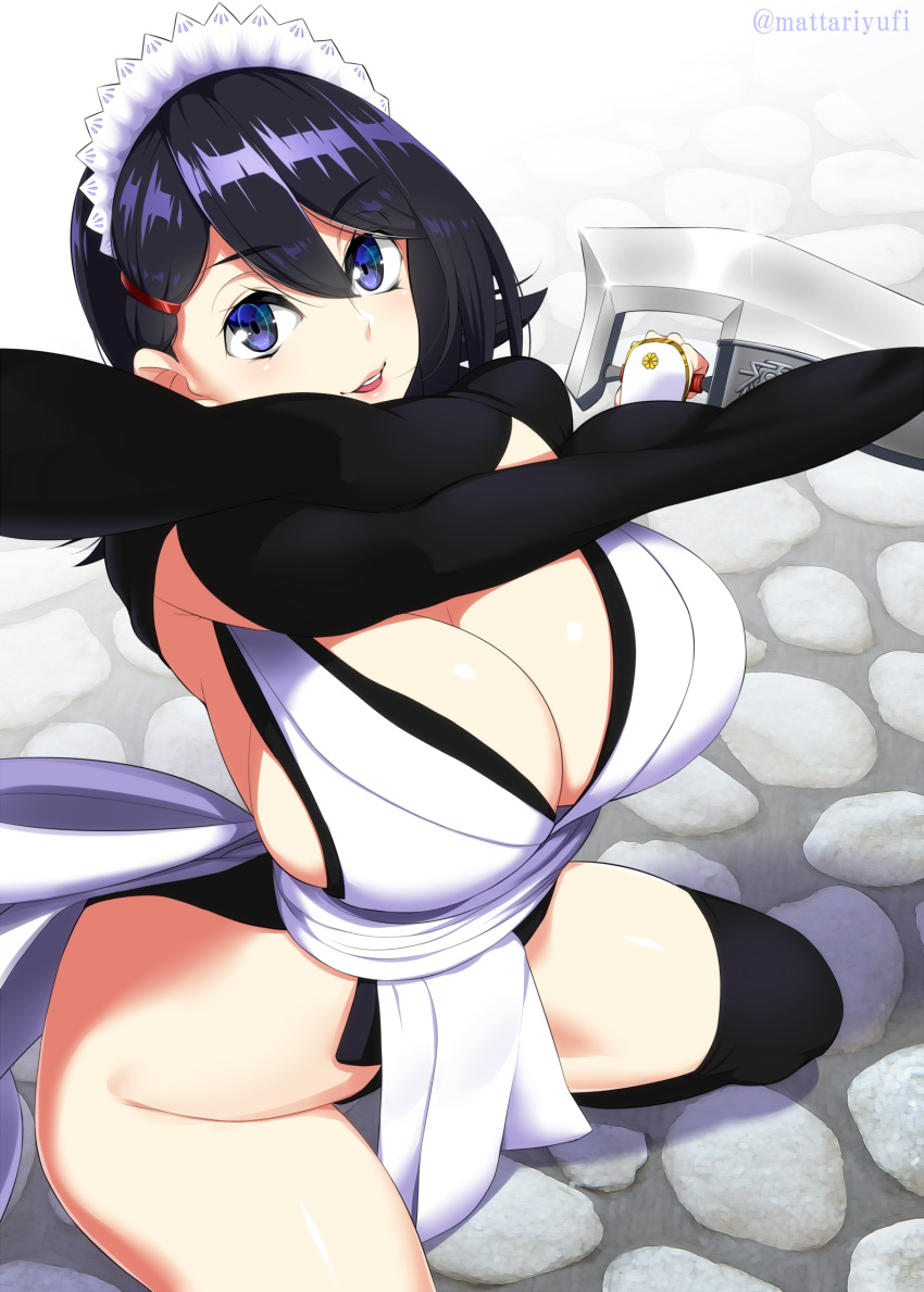 1girl absurdres arm_guards black_hair blue_eyes breasts cleavage commentary_request hair_between_eyes highres holding holding_weapon iroha_(samurai_spirits) kneeling large_breasts long_hair looking_at_viewer maid_headdress mattari_yufi ninja open_mouth samurai_spirits single_thighhigh smile solo thighhighs upper_body weapon