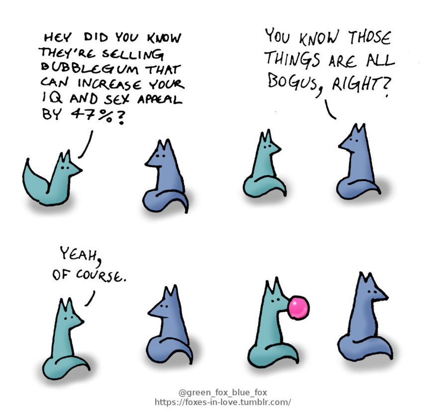 blue_body blue_fox_(foxes_in_love) blue_fur bubble_gum canid canine comic couple_(disambiguation) dialogue duo english_text feral fox foxes_in_love fur green_body green_fox_(foxes_in_love) green_fur hi_res humor mammal text url