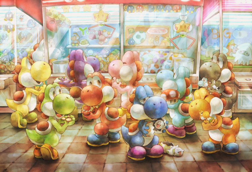 2020 ambiguous_gender claw_machine clothing detailed_background footwear group mario_bros nintendo open_mouth open_smile plushie smile sui_(petit_comet) video_games yoshi