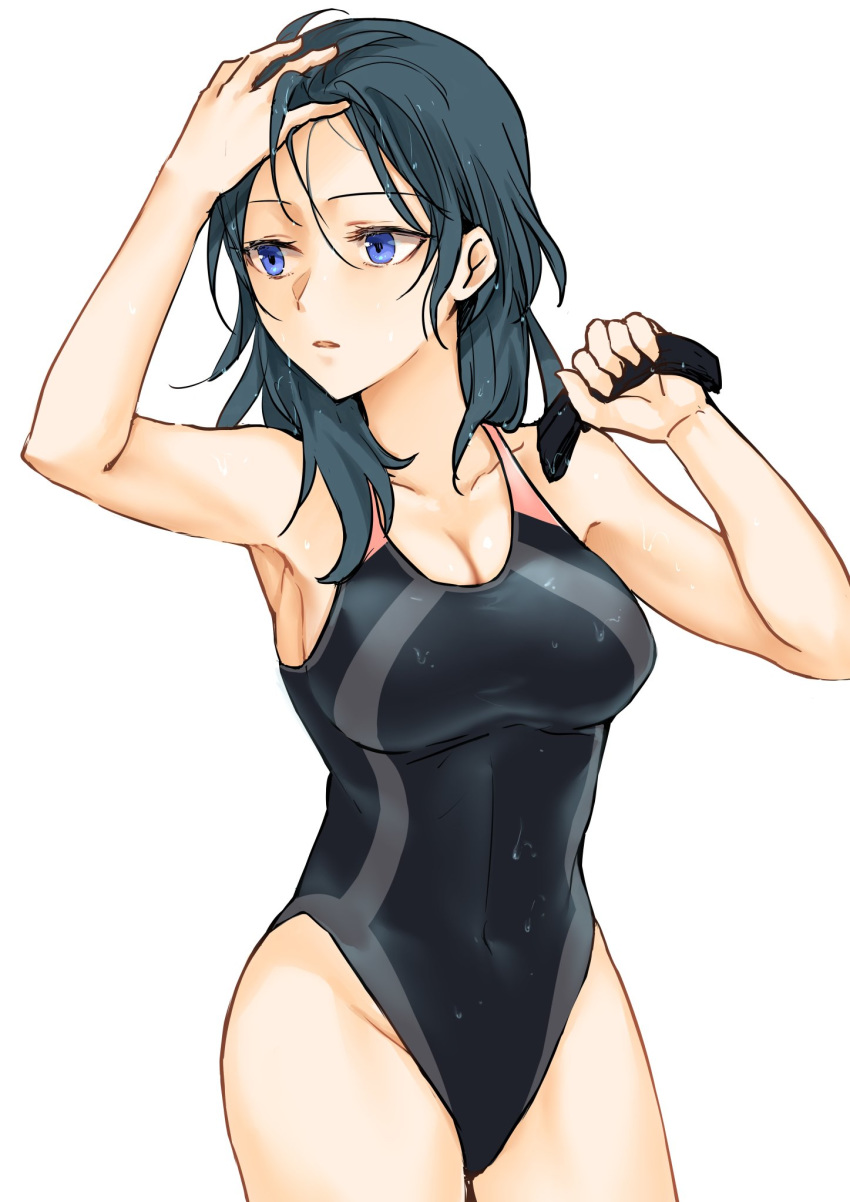 1girl arm_up armpits bare_arms bare_shoulders black_hair black_swimsuit blue_hair breasts byleth_(fire_emblem) byleth_(fire_emblem)_(female) cleavage collarbone commentary_request covered_navel cowboy_shot fire_emblem fire_emblem:_three_houses fukuroumori hand_in_hair highres holding long_hair looking_away looking_to_the_side medium_breasts parted_lips solo swimsuit water_drop wet wet_clothes wet_hair wet_swimsuit