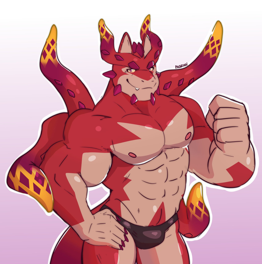 5_fingers abs anthro biceps claws clothed clothing cthugha_(tas) dragon fangs fingers gradient_background hand_on_hip hi_res looking_at_viewer male muscular muscular_male nipples padzyan pecs simple_background solo speedo swimwear tentacles tokyo_afterschool_summoners topless video_games white_outline