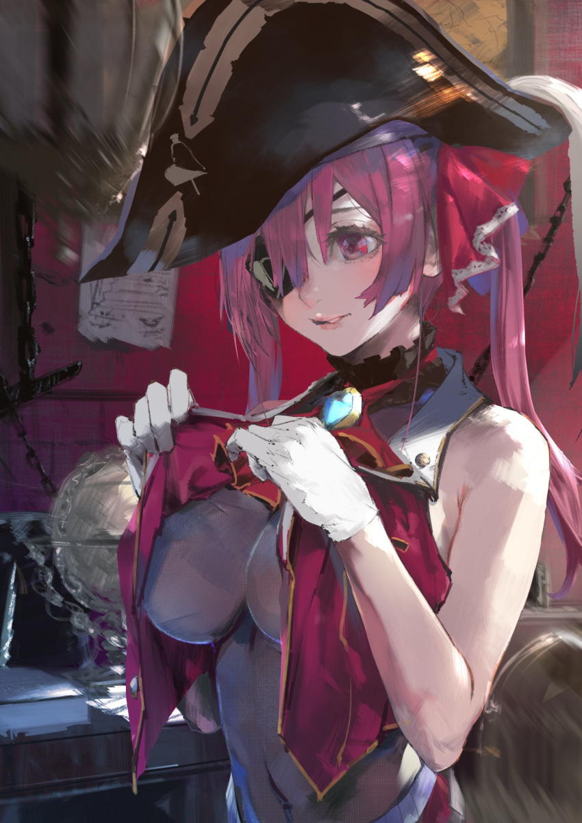 1girl breasts eyepatch gloves hat highres hololive houshou_marine kiriyama navel no_bra open_clothes open_shirt pirate_hat red_eyes red_hair solo twintails undressing upper_body virtual_youtuber white_gloves