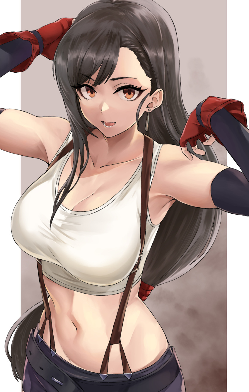 1girl :d armpits asymmetrical_bangs bangs bare_shoulders belt black_belt black_gloves black_hair black_skirt breasts brown_eyes cleavage collarbone commentary_request crop_top earrings elbow_gloves eyebrows_visible_through_hair final_fantasy final_fantasy_vii fingerless_gloves from_above fujitsubo_(hujitubo0731) gloves grey_background groin hair_between_eyes highres jewelry large_breasts long_hair looking_at_viewer low-tied_long_hair lower_teeth midriff miniskirt navel open_mouth pencil_skirt red_gloves shirt simple_background single_sidelock skirt smile solo standing suspender_skirt suspenders tank_top taut_clothes taut_shirt tifa_lockhart upper_body w_arms white_tank_top