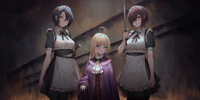 3girls ahoge antique_firearm ascot bangs black_hair blonde_hair blue_eyes blunt_bangs breasts brown_hair chinese_commentary commentary_request cowboy_shot dress firearm gun hair_between_eyes hair_over_one_eye height_difference highres holding holding_sword holding_weapon looking_at_viewer maid multiple_girls original parted_lips purple_dress red_eyes short_hair short_sleeves standing sword weapon wing_collar yellow_eyes yurichtofen