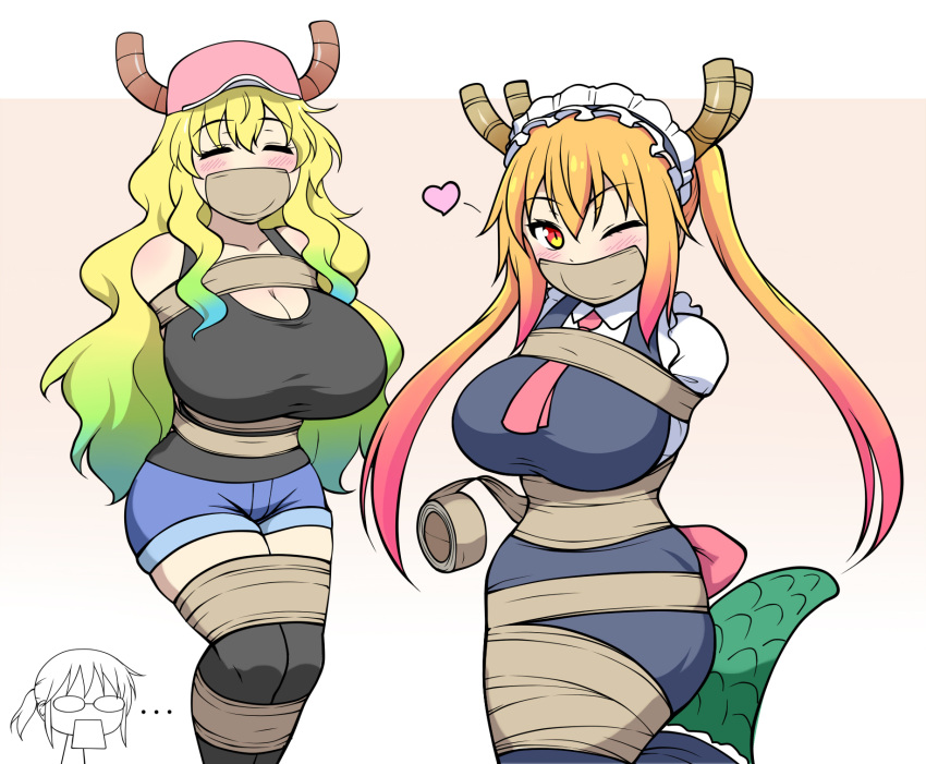 2017 animal_humanoid bdsm big_breasts blonde_hair blush bondage bottomwear bound breasts clothing dragon dragon_humanoid duo_focus female group hair hi_res human humanoid jam-orbital kobayashi_(dragon_maid) maid_uniform mammal miss_kobayashi's_dragon_maid one_eye_closed pigtails quetzalcoatl_(dragon_maid) shirt shocked shorts smile tank_top tape_bondage tohru_(dragon_maid) topwear uniform